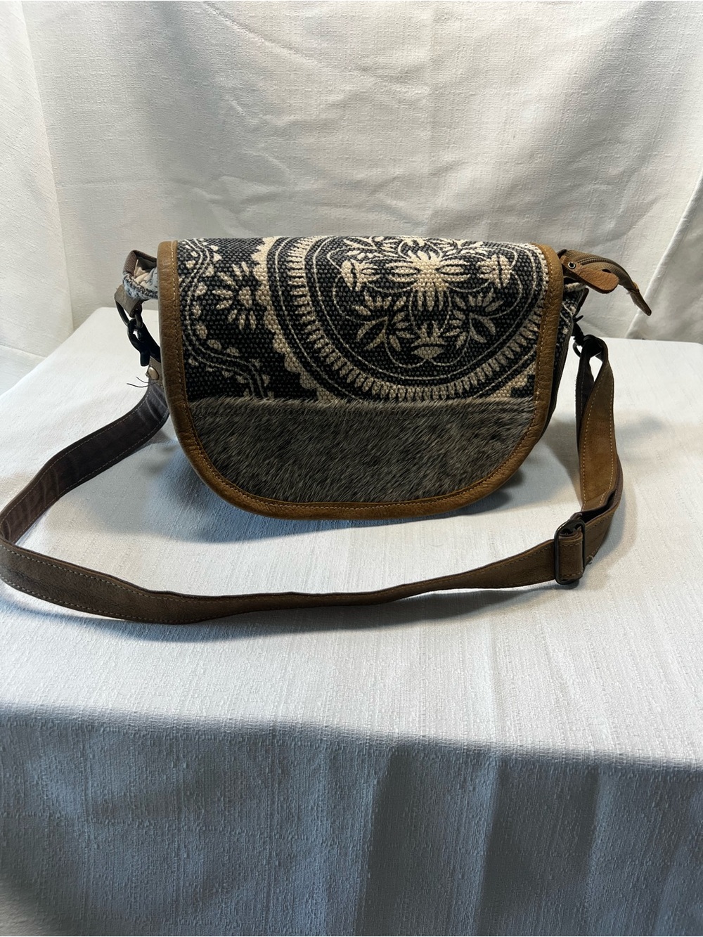 Myra Bag Upcycled Canvas Cowhide Geometric Crossbody Messenger Bag